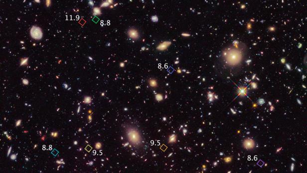 Die sieben bunten Karos umranden die winzig erscheinenden, neu entdeckten Galaxien.