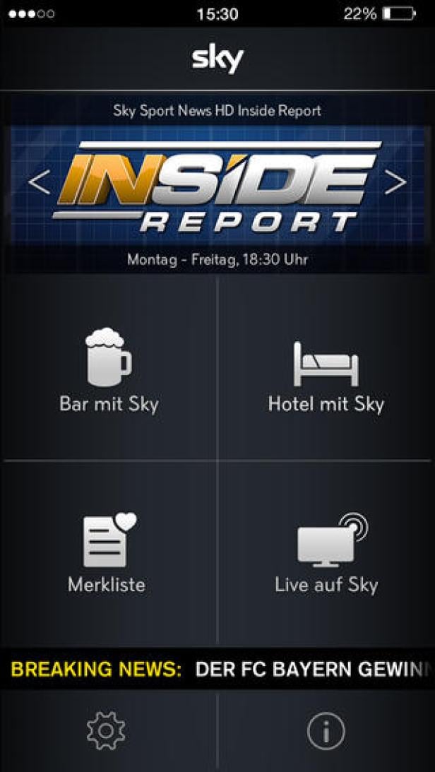 Screenshot der Sky-App mit den Optionen Bar mit Sky, Hotel mit Sky, Merkliste und Live auf Sky.
