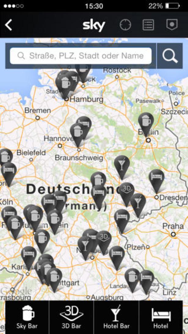 Eine Karte von Deutschland mit Markierungen für Sky Bars, 3D Bars und Hotelbars.