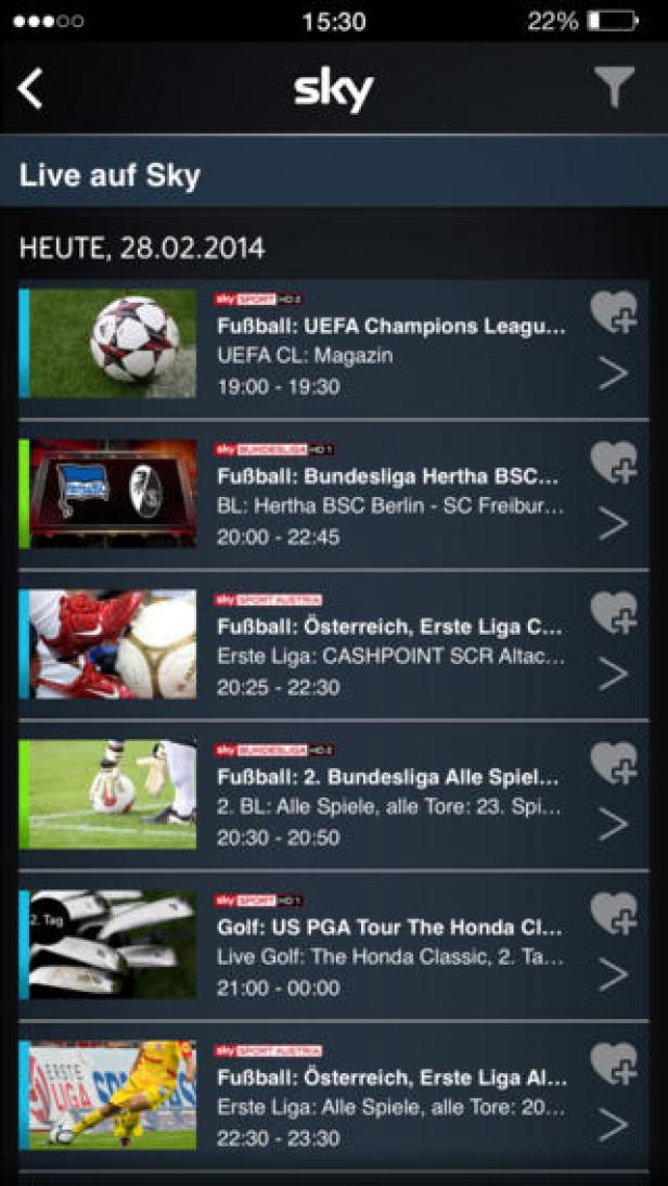Ein Screenshot der Sky-App mit Live-Sportübertragungen am 28.02.2014.