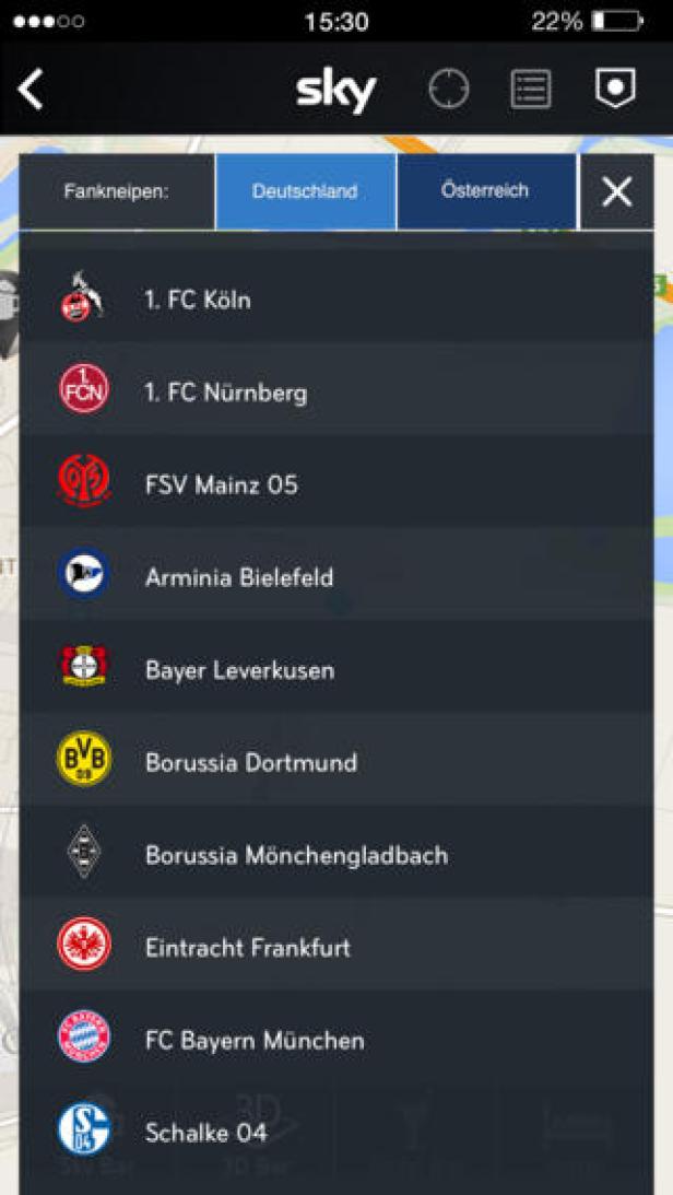 Eine Liste deutscher Fußballvereine in einer Sky-App.