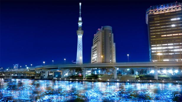 Der Tokyo Skytree und andere Gebäude spiegeln sich nachts im Wasser.