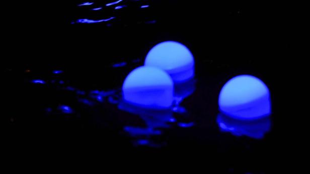 Drei blau leuchtende Kugeln schwimmen im dunklen Wasser.