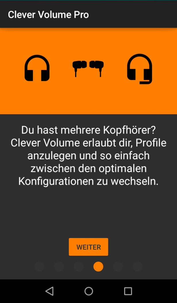 Ein Bildschirm der App „Clever Volume Pro“ mit Kopfhörer-Symbolen.