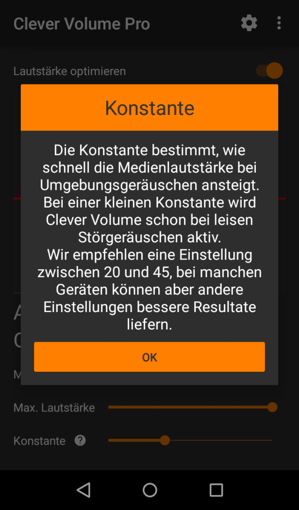 Ein Popup-Fenster der App „Clever Volume Pro“ erklärt die Funktion „Konstante“.