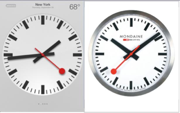 Die iOS-6-Uhr (li.) und die SBB-Uhr (re.) im Vergleich.