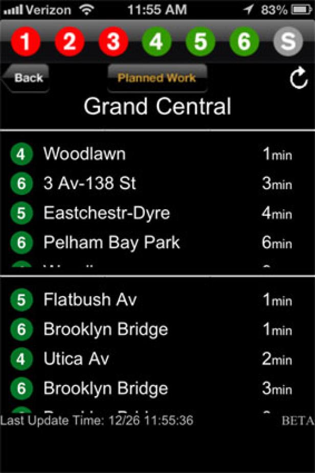 Screenshot der Subway Time App für New York mit Echtzeitdaten