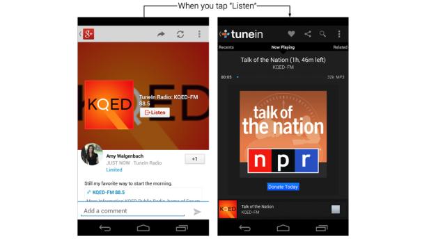 Ein Beispiel für interaktive Posts: Ein Google+-Nutzer lädt auf seinem Stream zum Anhören eines Songs ein, mit einem Button-Klick wird er wiedergegeben. Ein Beispiel für interaktive Posts: Ein Google+-Nutzer lädt auf seinem Stream zum Anhören eines Songs ein, mit einem Button-Klick wird er wiedergegeben.