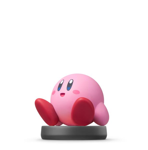 Eine Kirby Amiibo-Figur auf einem grauen Sockel.