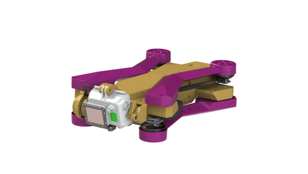 Eine Drohne in Gold und Lila mit einer Kamera an der Vorderseite.