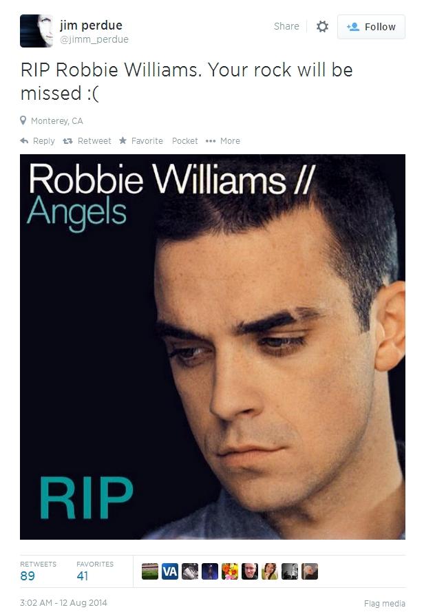 Das Cover des Albums „Angels“ von Robbie Williams mit dem Schriftzug „RIP“.