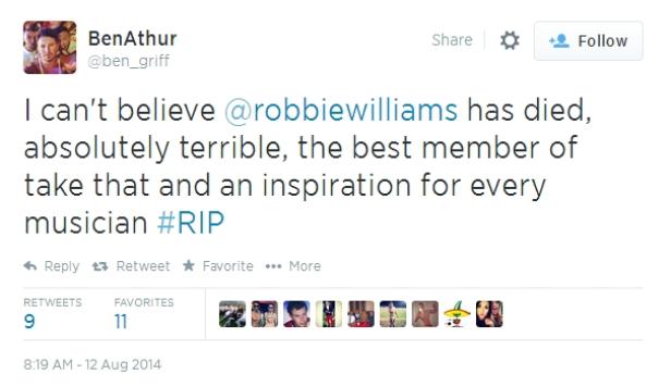 Ein Screenshot eines Tweets, in dem der Tod von Robbie Williams betrauert wird.