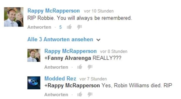 Kommentare auf einer Webseite, die sich auf den Tod von Robin Williams beziehen.