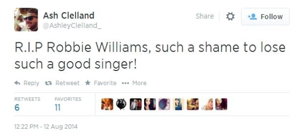 Ein Screenshot eines Tweets von Ash Clelland über den Tod von Robbie Williams.