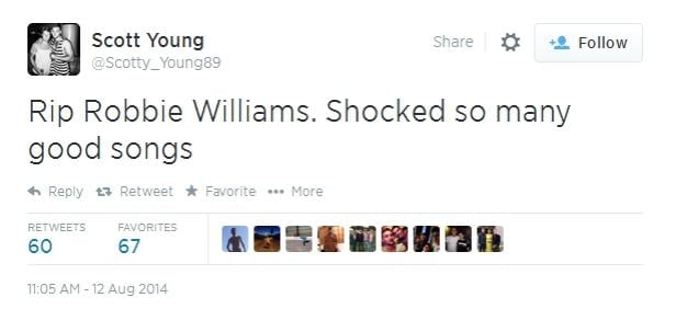 Ein Screenshot eines Tweets von Scott Young über den Tod von Robbie Williams.