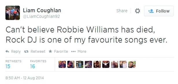Ein Screenshot eines Tweets von Liam Coughlan über den Tod von Robbie Williams.