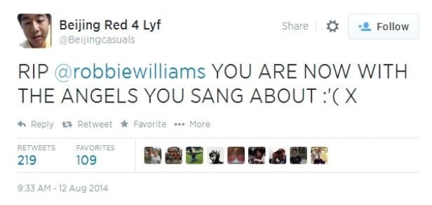 Ein Screenshot eines Tweets, der Robbie Williams gewidmet ist.