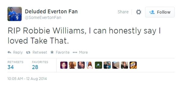 Ein Screenshot eines Tweets, in dem jemand fälschlicherweise den Tod von Robbie Williams betrauert und seine Liebe zu Take That bekennt.