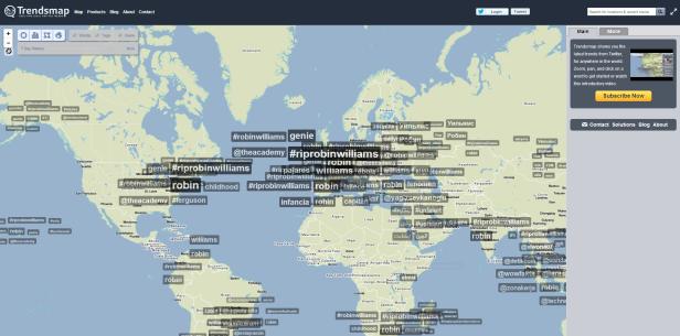 Eine Weltkarte von Trendsmap, die aktuelle Twitter-Trends wie „#riprobinwilliams“ und „Robin“ hervorhebt.