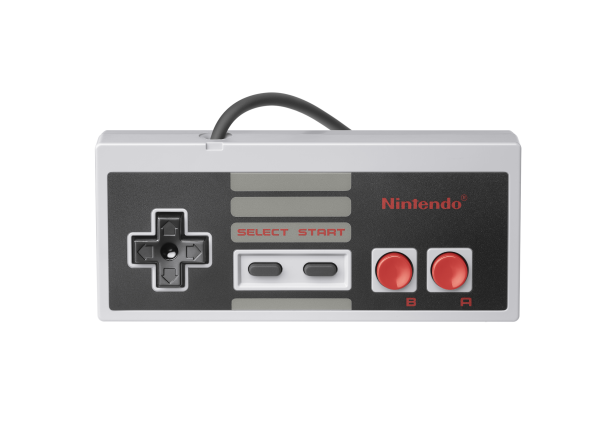 Ein Nintendo Entertainment System (NES) Controller auf einem weißen Hintergrund.