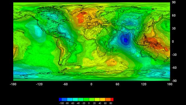 Diese Karte des irdischen Schwerkraftfeldes ist das Hauptprodukt der Satellitenmission GOCE