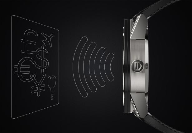 Eine Smartwatch mit NFC-Funktion für bargeldloses Bezahlen und Zugangskontrolle wird dargestellt.