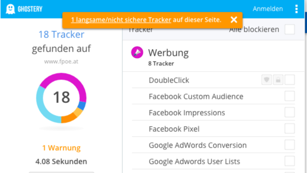 Auf der FPÖ-Website wurden 18 Tracker ausfindig gemacht