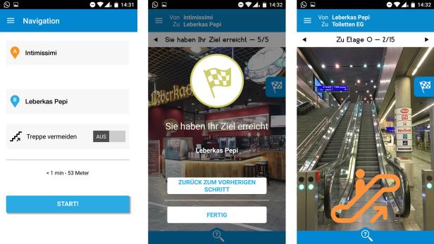 Wird die Treppe-vermeiden-Option nicht gewählt, führt der Weg über Rolltreppen Wird die Treppe-vermeiden-Option nicht gewählt, führt der Weg über Rolltreppen