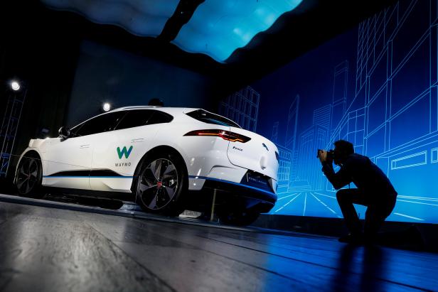 A Jaguar I-PACE self-driving car is pictured during its unveiling by Waymo in the Manhattan borough of New York