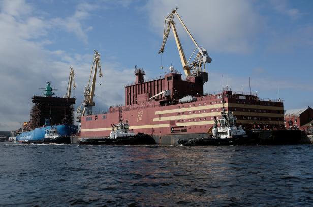 The floating nuclear power plant "Akademik Lomonosov" is seen being towed to Murmansk for nuclear fuel loading, in St. Petersburg