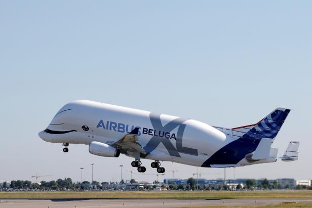 An Airbus Beluga XL transport plane takes off during its first flight event in Colomiers near Toulouse