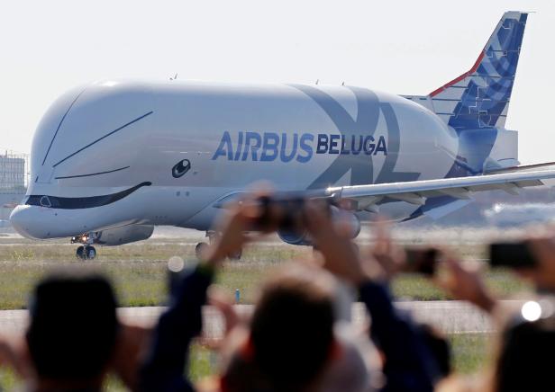 An Airbus Beluga XL transport plane prepares to take off during its first flight event in Colomiers near Toulouse