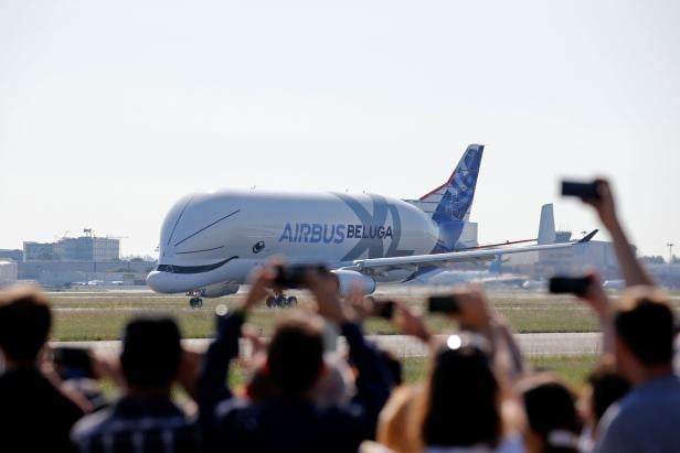 An Airbus Beluga XL transport plane prepares to take off during its first flight event in Colomiers near Toulouse