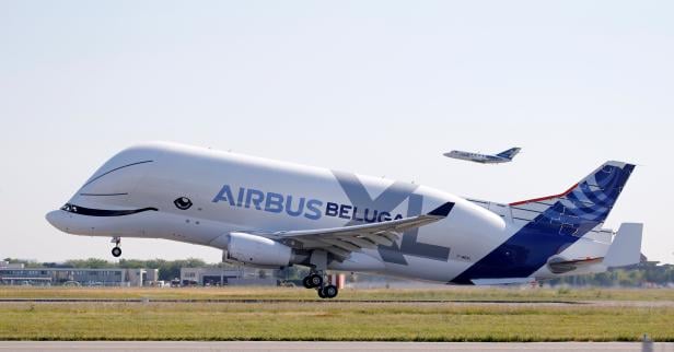 An Airbus Beluga XL transport plane takes off during its first flight event in Colomiers near Toulouse