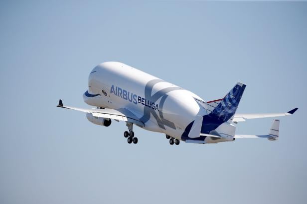 An Airbus Beluga XL transport plane takes off during its first flight event in Colomiers near Toulouse