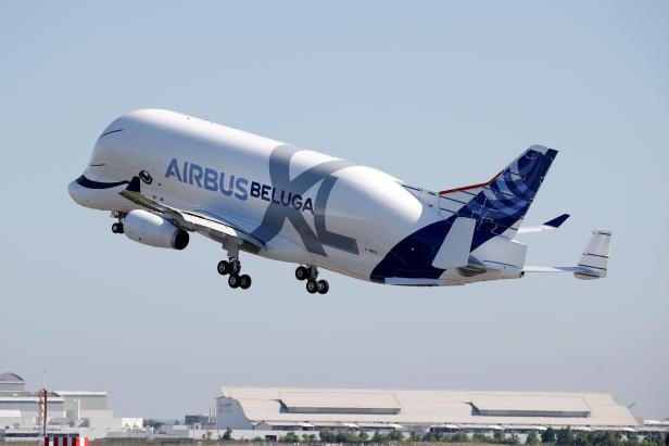 An Airbus Beluga XL transport plane takes off during its first flight event in Colomiers near Toulouse