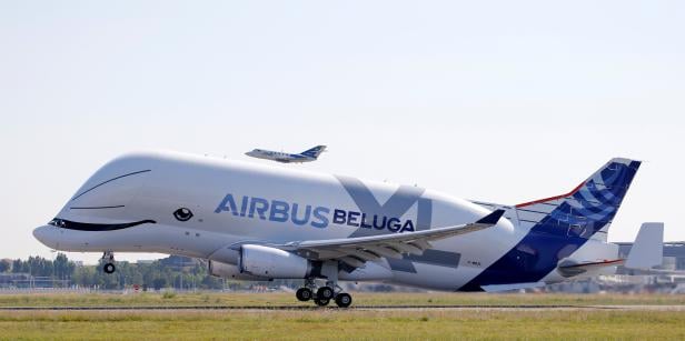 An Airbus Beluga XL transport plane takes off during its first flight event in Colomiers near Toulouse