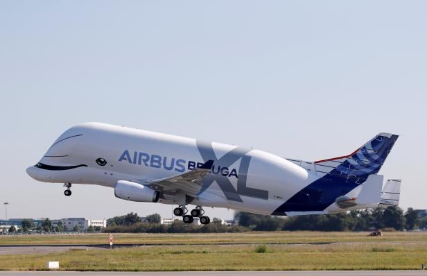 An Airbus Beluga XL transport plane takes off during its first flight event in Colomiers near Toulouse