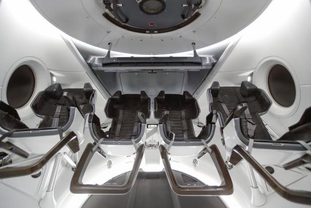 The view inside a Crew Dragon spacecraft simulator being used to train NASA astronauts is shown at SpaceX headquarters in Hawthorne, California,