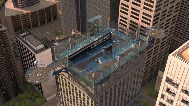 Ein Dachlandeplatz für Drohnen auf einem Hochhaus in einer Stadt.