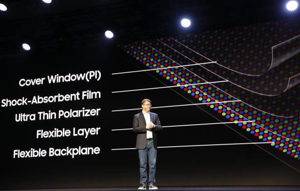 Justin Denison, Samsung Electronics senior vice president of Mobile Product Marketing, speaks during the unveiling of Samsung's new foldable screen smart phone, during the Samsung Developers Conference in San Francisco