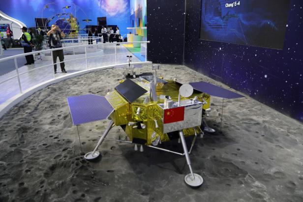 Model of the moon lander for China's Chang'e 4 lunar probe is displayed at the Zhuhai Airshow