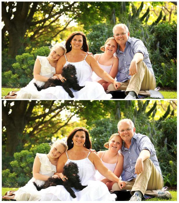 Combination photo shows doctored version of a portrait of Australian PM Morrison and his family, and the original portrait