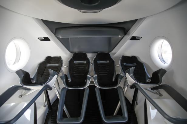 The view inside a replica Crew Dragon space craft is shown at SpaceX headquarters in Hawthorne, California
