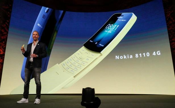 HMD Global Product Officer Sarvikas presents the new Nokia 8110 during the Mobile World Congress in Barcelona