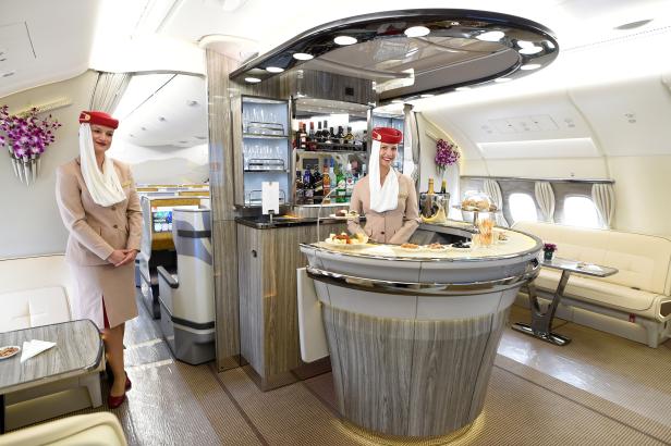 FILE PHOTO: An onboard bar of an Airbus A380 is pictured during a delivery ceremony of Emirates' 100th Airbus A380 at the German headquarter of aircraft company Airbus in Hamburg-Finkenwerder