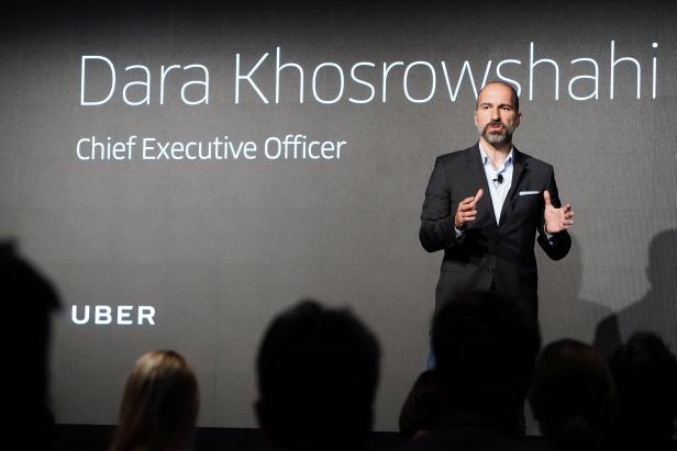 The CEO of ride-sharing app Uber Dara Khosrowshahi pictured on stage during an event in New York