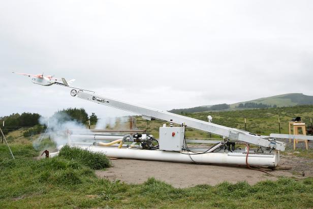 A Zipline delivery drone launches from its launcher during a flight demonstration at an undisclosed location in the San Francisco Bay Area, California