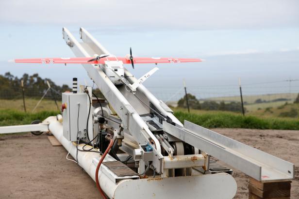 A Zipline delivery drone launches from its launcher during a flight demonstration at an undisclosed location in the San Francisco Bay Area, California