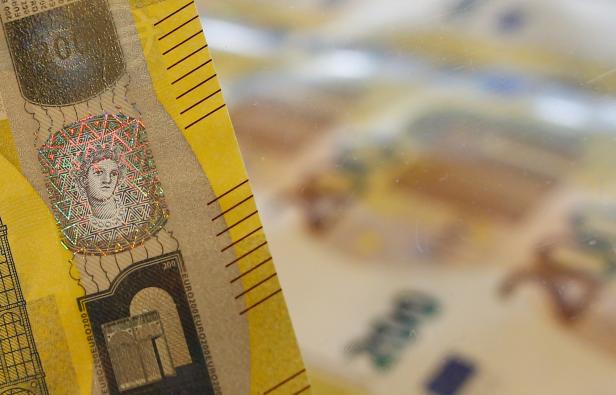 A detail of the silvery stripe on the new 200 euro banknote is seen in the secretive vaults inside the Bank of Italy in Rome